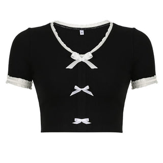 Short sleeve ruffle ruched bowknot ribbed top