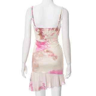 Ruffle v neck print ruched backless cami mini dress