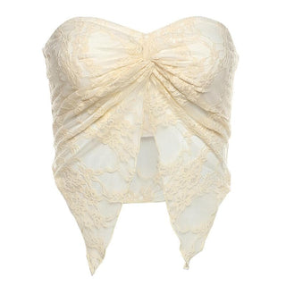 Lace ruched slit ruffle solid tube top