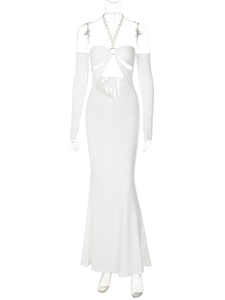 Off shoulder halter o ring hollow out metal chain cut out maxi dress