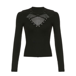 Long sleeve cross front hollow out fishnet patchwork cut out top
