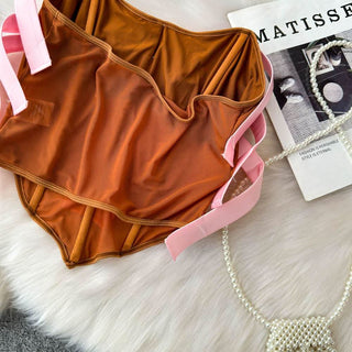 Mesh corset bowknot tube top