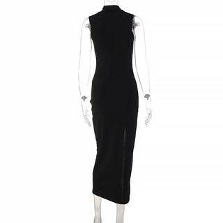 High neck sleeveless solid slit irregular midi dress