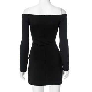 Off shoulder long sleeve button hollow out cut out mini dress