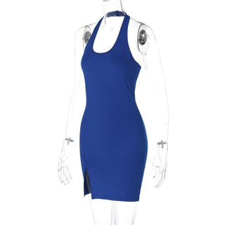 Halter u neck slit solid backless mini dress