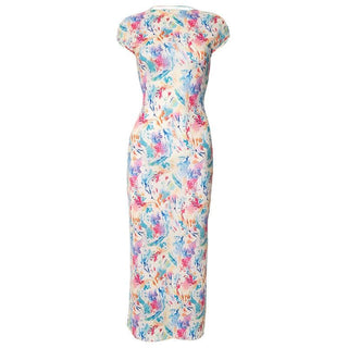 Cap sleeve print slit crewneck midi dress