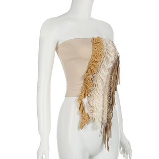Lace hem backless tassels ruffle tube top