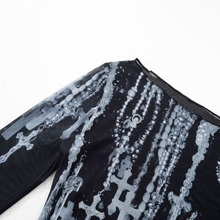 Off shoulder long sleeve mesh cross print top