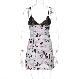 V neck abstract lace cami mini dress