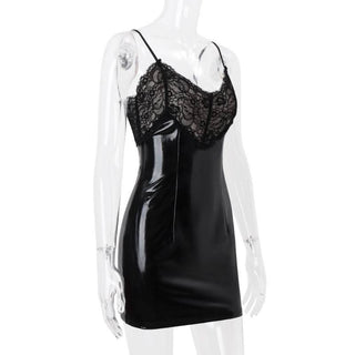 Lace hem v neck PU leather zip-up mini dress