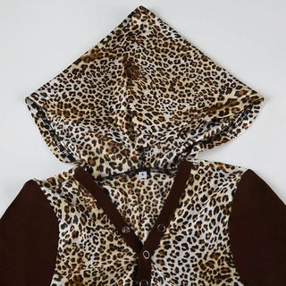Leopard print long sleeve hoodie button top