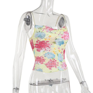 Cowl neck flower print sheer mesh cami top