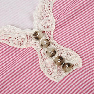 Short sleeve lace hem striped print button top