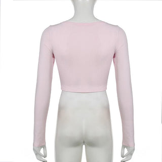 Long sleeve bowknot button crop top