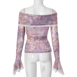 Off shoulder long sleeve flower print lace hem mesh top