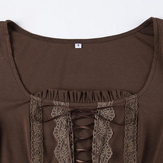 Lace up long flared sleeve ruched lace hem ruffle crop top