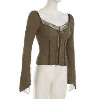 Long sleeve textured bowknot lace hem top