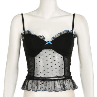 V neck polka dot bowknot mesh ruffle cami top