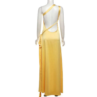 One shoulder satin backless knotted maxi dress
