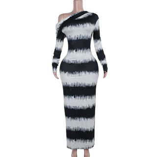 Irregular long sleeve one shoulder striped maxi dress