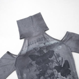 Long flared sleeve high neck sheer mesh print off shoulder top