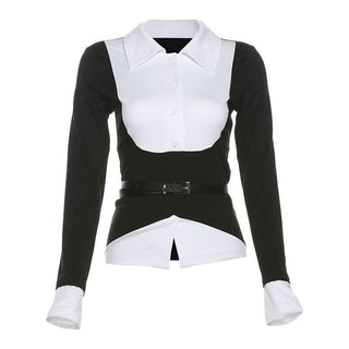 Turnover collar long sleeve button patchwork belt top