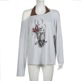 Halter off shoulder long sleeve abstract print top