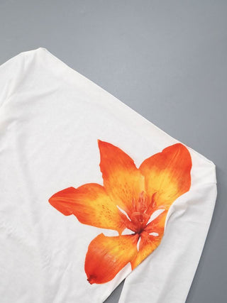 Long sleeve gloves flower print mesh off shoulder top