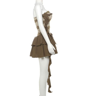 Knitted patchwork backless ruffle mini dress