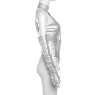 Metallic gloves zip-up tube top