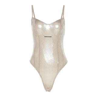Metallic v neck metal tag backless sleeveless cami bodysuit