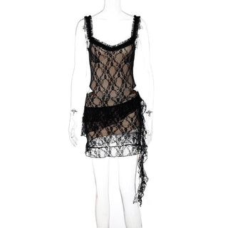 Lace ruffle ruched hollow out cami cut out mini dress