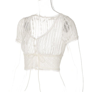 Short sleeve button lace see through crop top