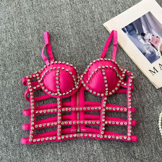 Hollow out beaded zip-up v neck padded cut out top