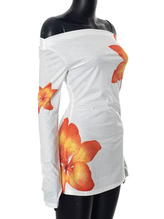 Long sleeve gloves flower print mesh off shoulder top