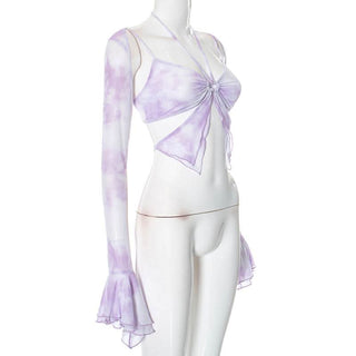 Long flared sleeve halter ruffle hollow out print cut out top