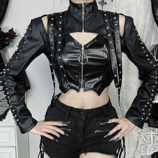 High neck PU leather zip-up hollow out shrug cut out top