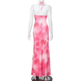 Halter rose print u neck backless self tie maxi dress
