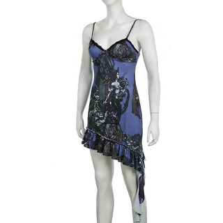 Lace hem v neck print backless cami mini dress
