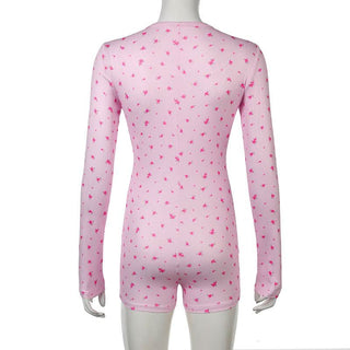 Long sleeve crewneck button flower print romper