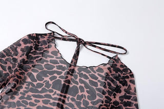 Sheer mesh leopard print contrast see through self tie backless mini dress