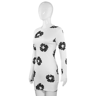 Long sleeve crewneck flower print mini dress