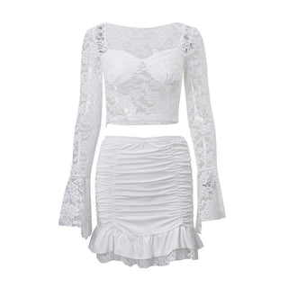 Long flared sleeve sweetheart neck lace ruched ruffle mini skirt set