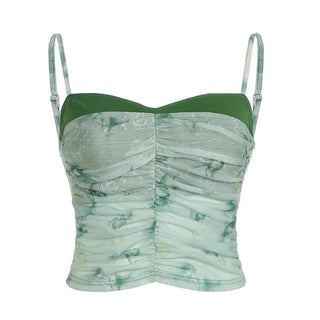 Mesh ruched patchwork print cami top