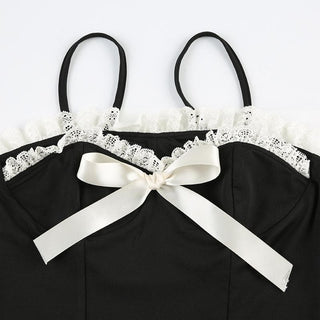 Lace hem ruffle bowknot contrast cami top