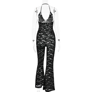 Halter lace lace up see through jumpsuit