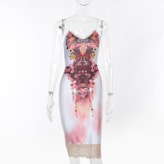 Lace hem flower print v neck cami midi dress
