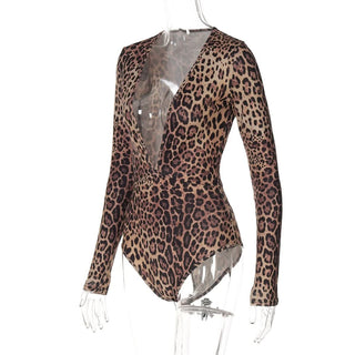 Leopard print deep V neck long sleeve button bodysuit