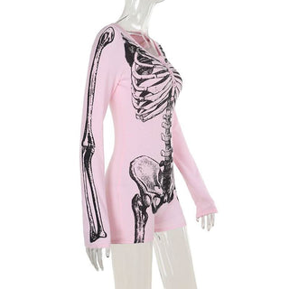 Human skeleton print long sleeve button mini dress