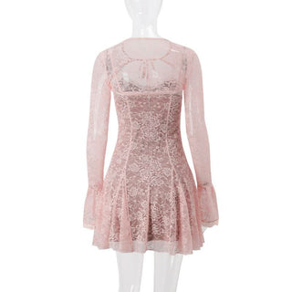 Long flared sleeve lace shrug cami mini dress